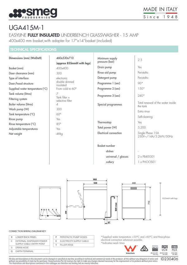 Smeg Professional Easyline UGA415M-1 - Underbench Glasswasher
