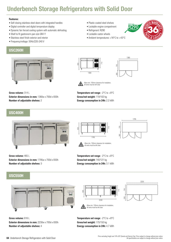 Exquisite USC550H - Four Solid Door Underbench Fridge
