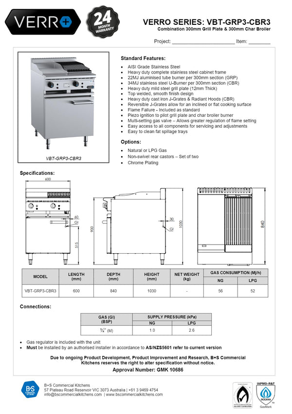 B+S Verro VBT-GRP3-CBR3 - Cabinet Mounted Combination Cook Top