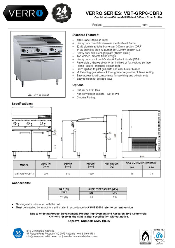 B+S Verro VBT-GRP6-CBR3 - Cabinet Mounted Combination Cook Top