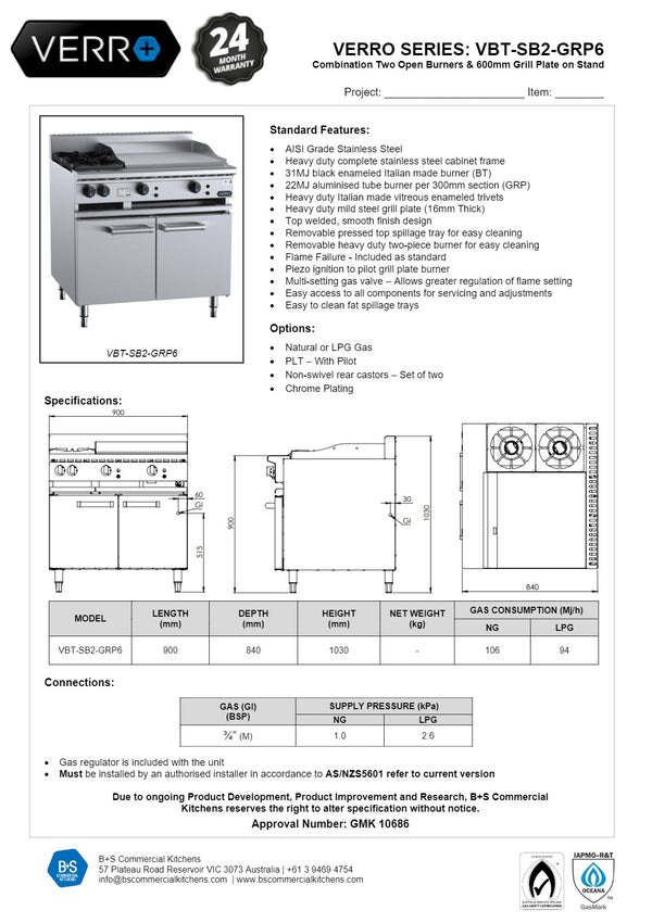 B+S Verro VBT-SB2-GRP6 - Cabinet Mounted Combination Cook Top