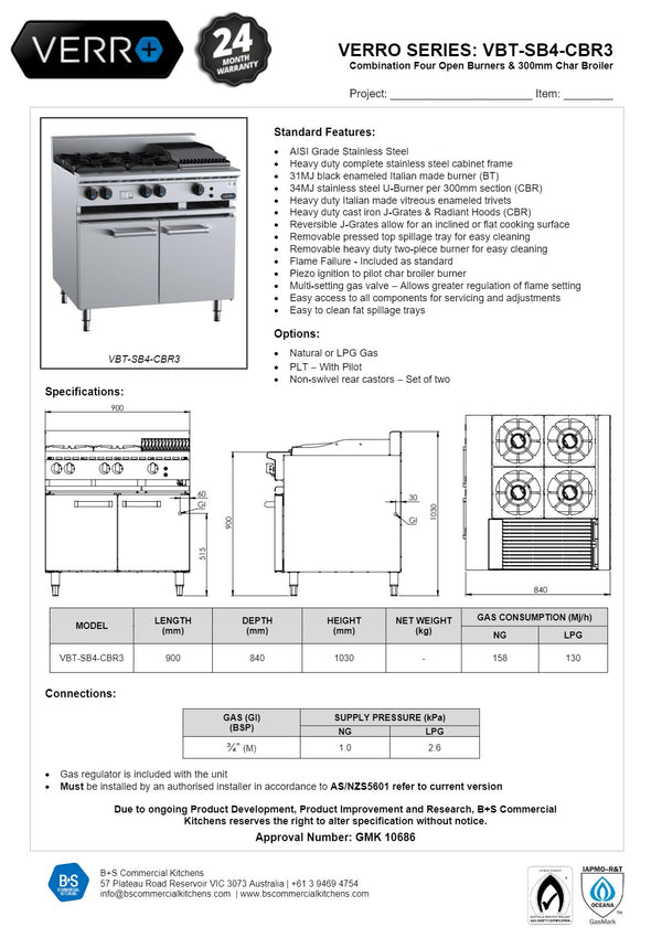 B+S Verro VBT-SB4-CBR3 - Cabinet Mounted Combination Cook To