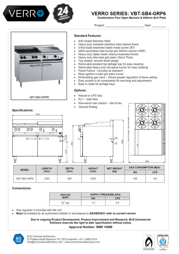 B+S Verro VBT-SB4-GRP6 - Cabinet Mounted Combination Cook Top