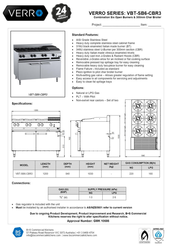 B+S Verro VBT-SB6-CBR3 - Cabinet Mounted Combination Cook Top