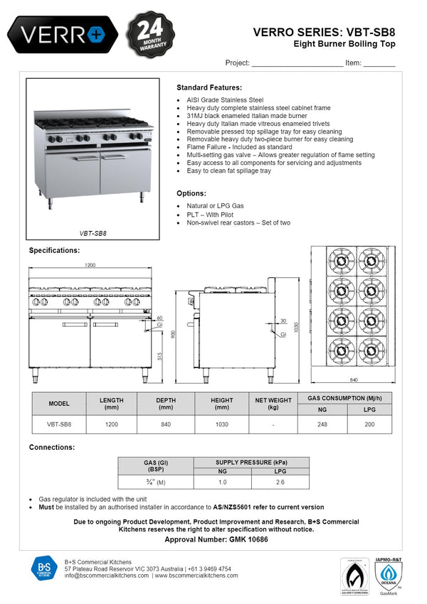 B+S Verro VBT-SB8 - Cabinet Mounted Eight Burner Boiling Top