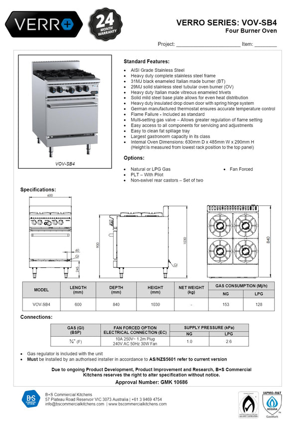 B+S Verro VOV-SB4 - Four Burner Range Oven