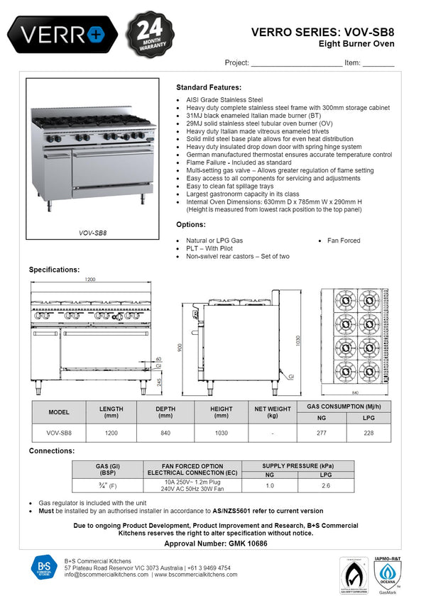 B+S Verro VOV-SB8 - Eight Burner Range Oven