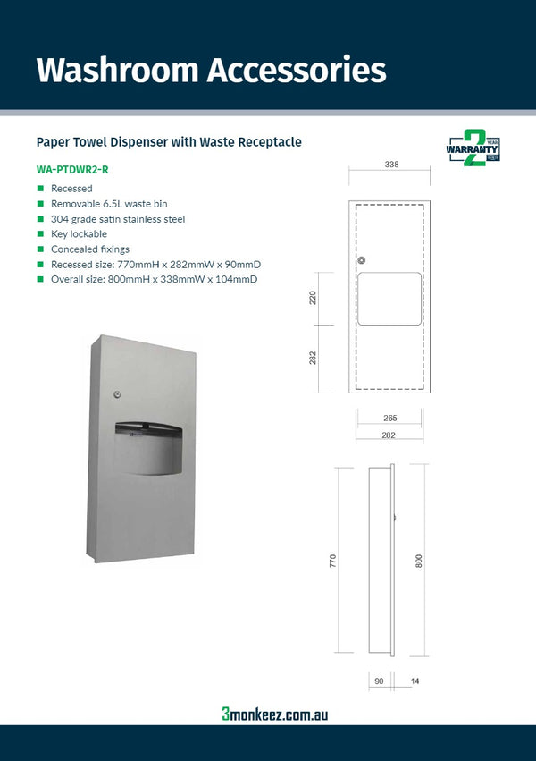 3Monkeez WA-PTDWR2-R - Paper Towel Dispenser with Waste Receptacle