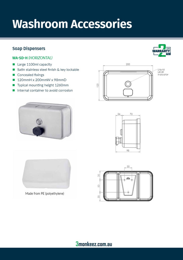 3Monkeez WA-SD-H - Stainless Steel Soap Dispenser