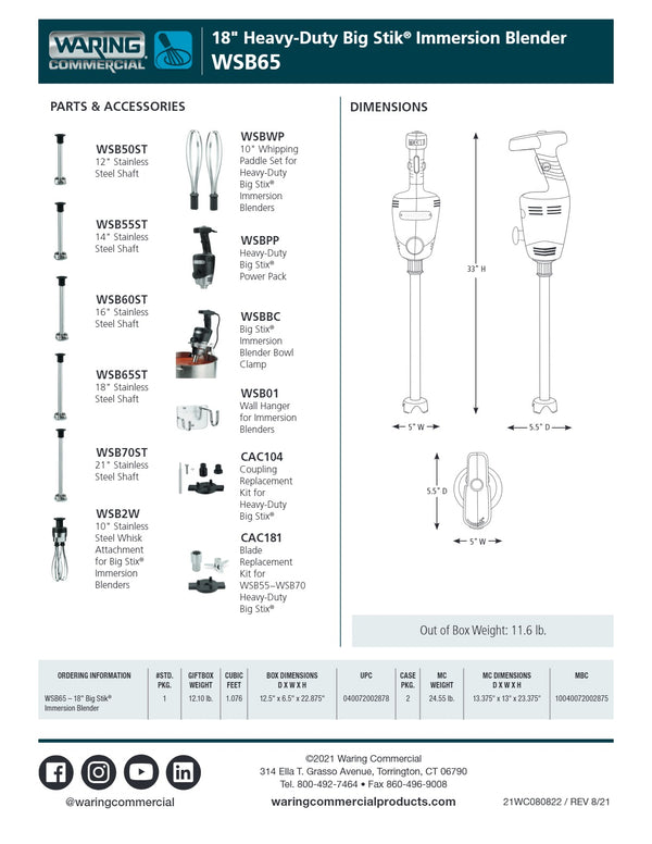 Waring Big Stik WSB65CE - Stick Blender
