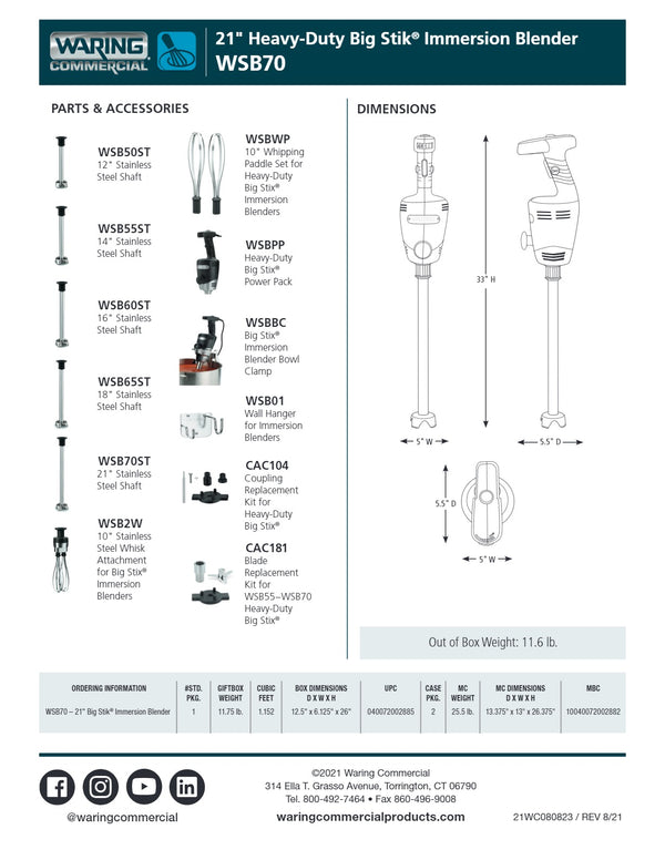 Waring Big Stik WSB70CE - Stick Blender