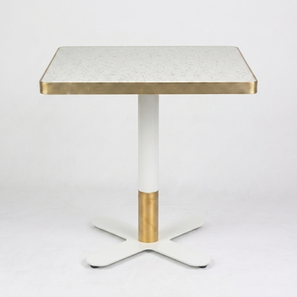 White Candy Terrazzo Table Top with Brass Cross Table Base