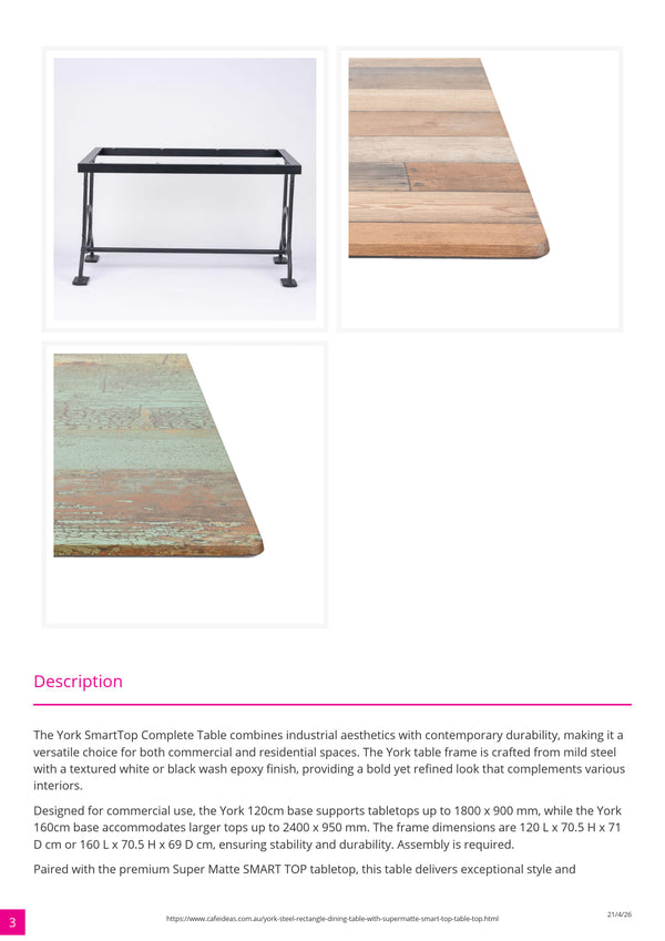 York Steel Rectangle Dining Table with Supermatte Smart Top 160x90cm