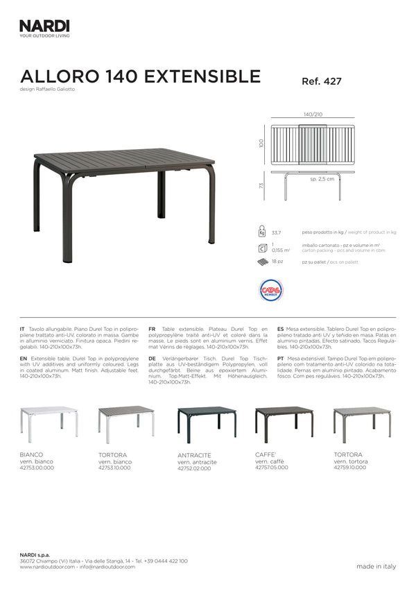 Nardi Alloro 140 Outdoor Extendable Dining Table