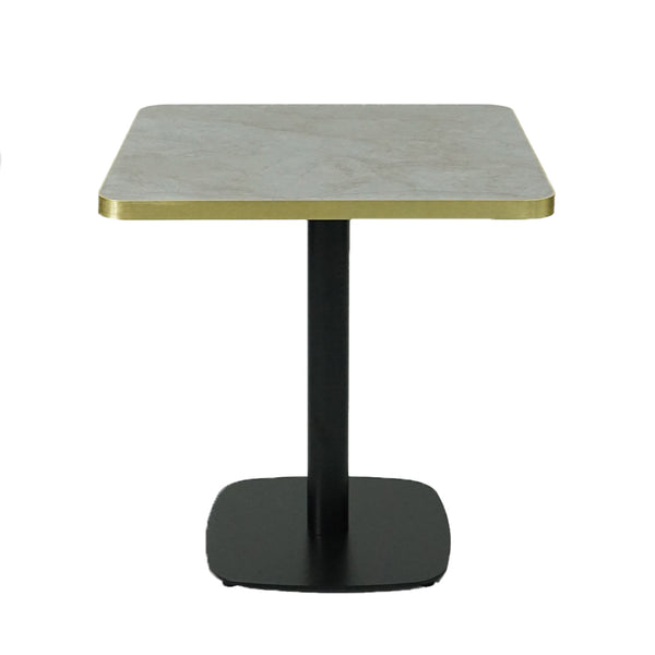 Gold Aluminium Edge HPL Laminate Tabletop in Blue Mist Quartz Complete Table with Black Cavallo 450 Table Base