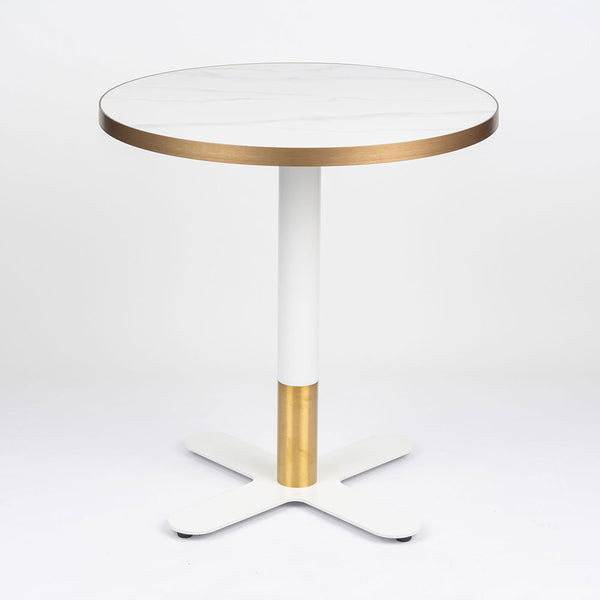 Gold Aluminium Edge Sintered White Stone Table with White Brass Cross Table Base