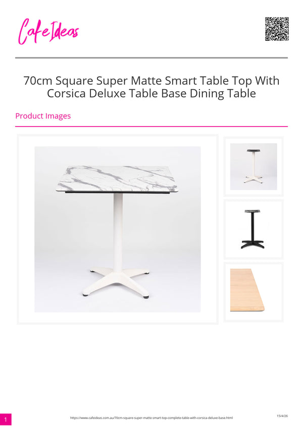 Square 70cm Super Matte Smart Table Top with Corsica Deluxe Table Base Dining Table