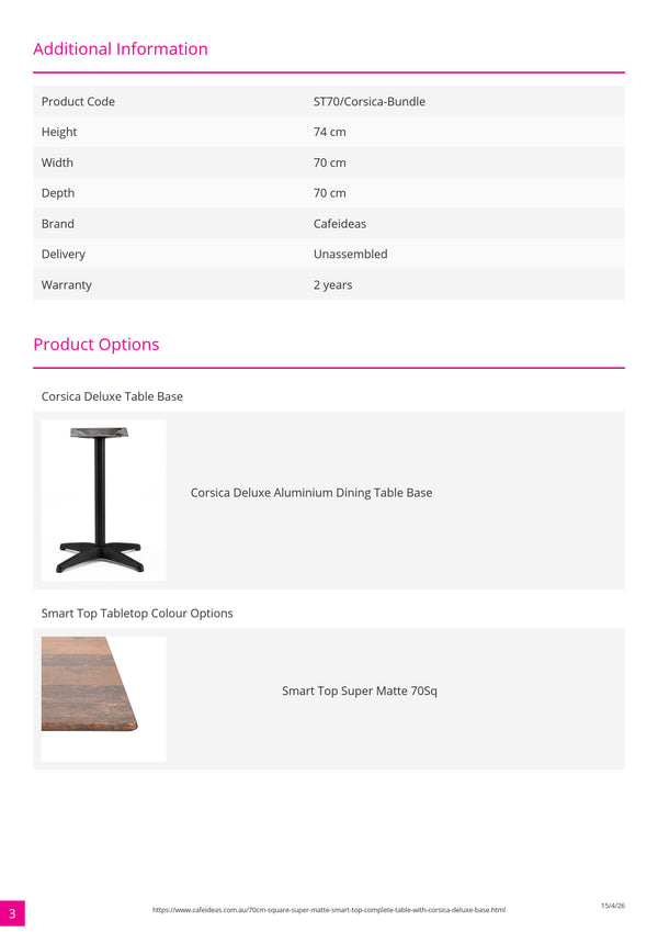 Square 70cm Super Matte Smart Table Top with Corsica Deluxe Table Base Dining Table