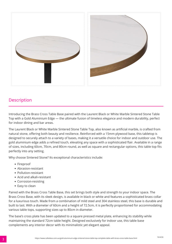 Gold Aluminium Edge Sintered Laurent Black Stone Table with Black Brass Cross Table Base