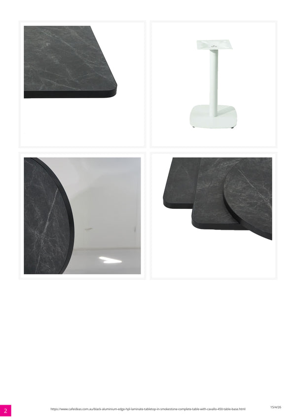 Black Aluminium Edge HPL Laminate Tabletop in Smokestone Complete Table with White Cavallo 450 Table Base