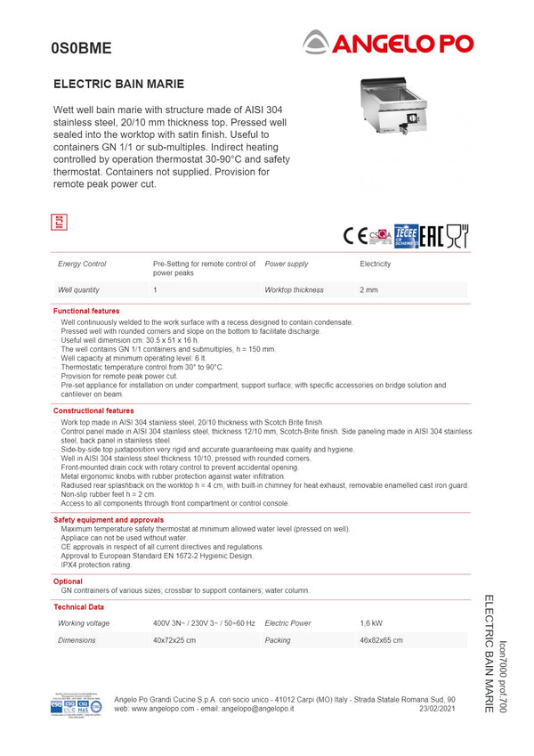 Angelo Po Icon7000 0S0BME - Bain Marie