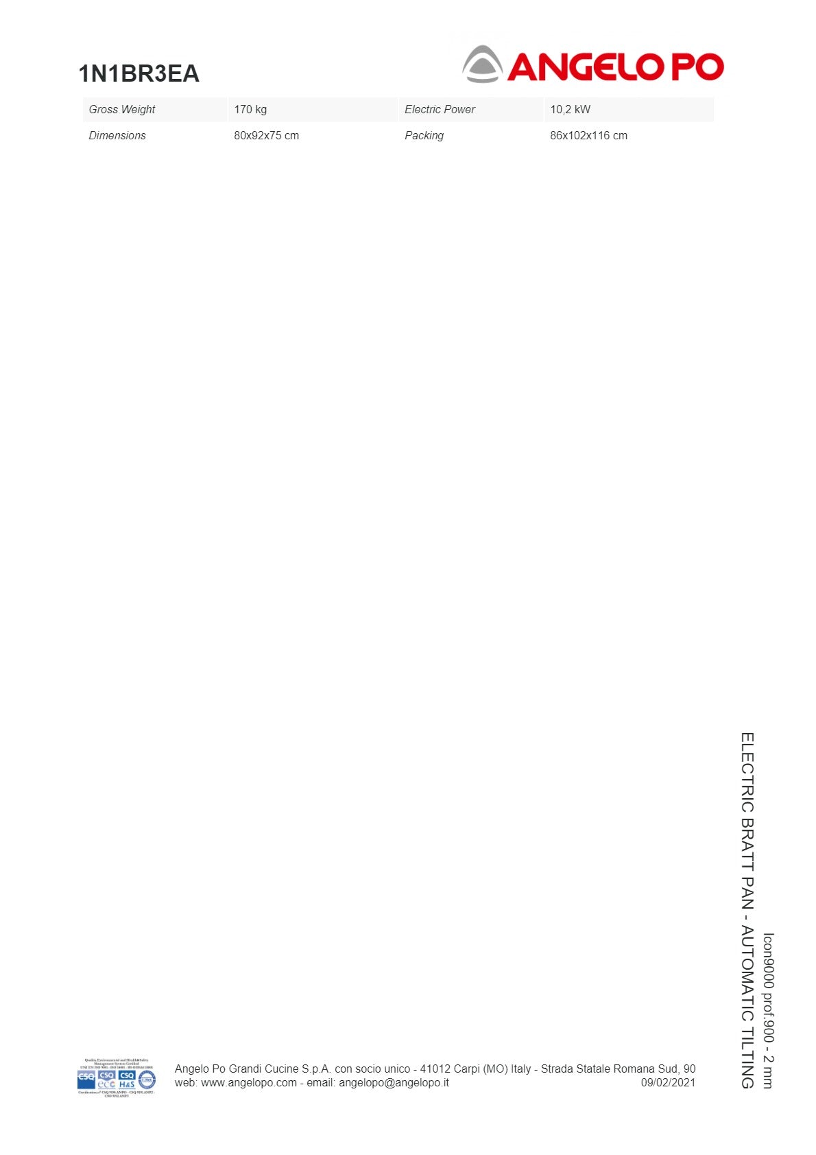 Angelo Po Icon9000 1N1BR3EA-3MM - Automatic Tilting Bratt Pan