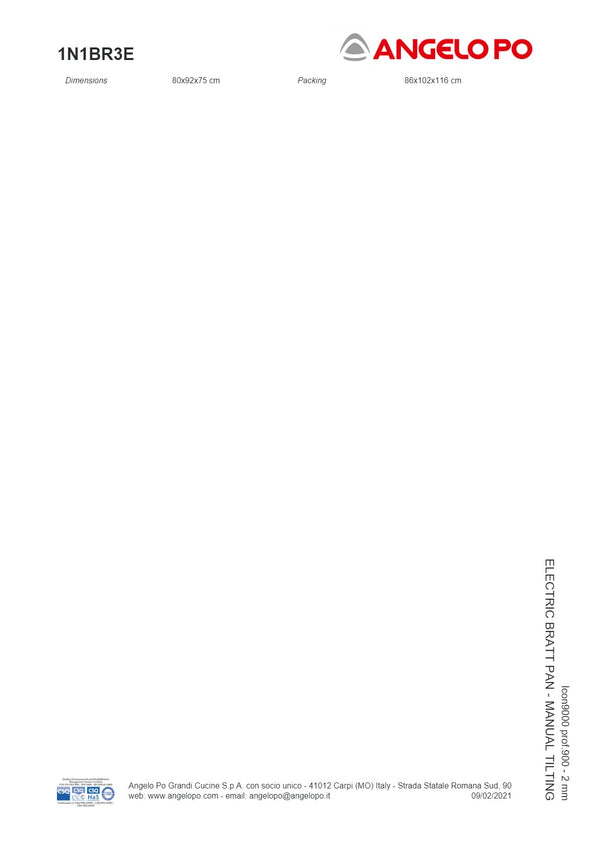 Angelo Po Icon9000 1N1BR3E - Manual Tilting Bratt Pan