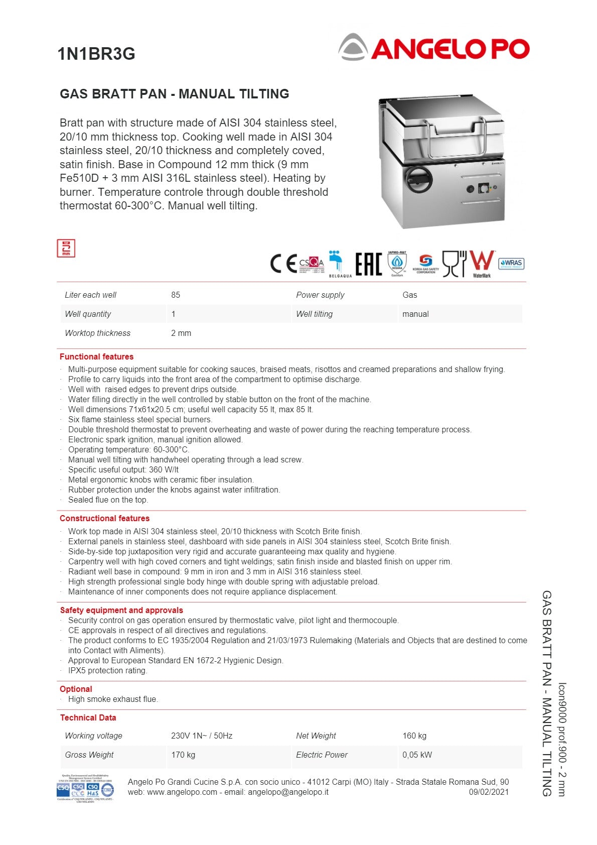 Angelo Po Icon9000 1N1BR3G - Manual Tilting Bratt Pan