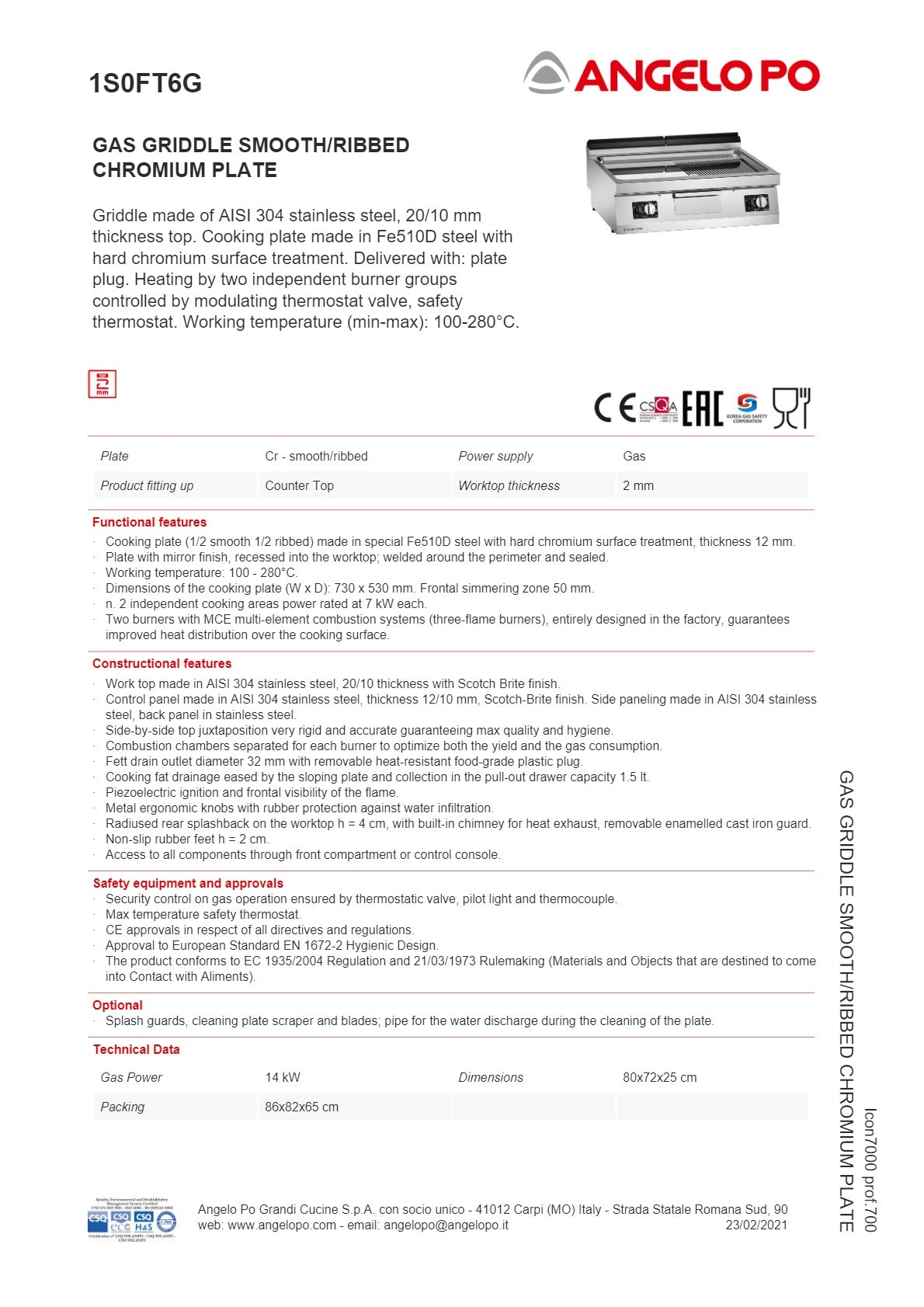 Angelo Po Icon7000 1S0FT6G Griddle SilverChef - Main Image