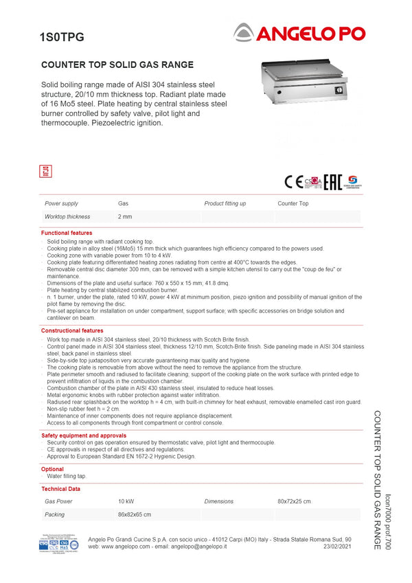 Angelo Po Icon7000 1S0TPG - Solid Cook Top