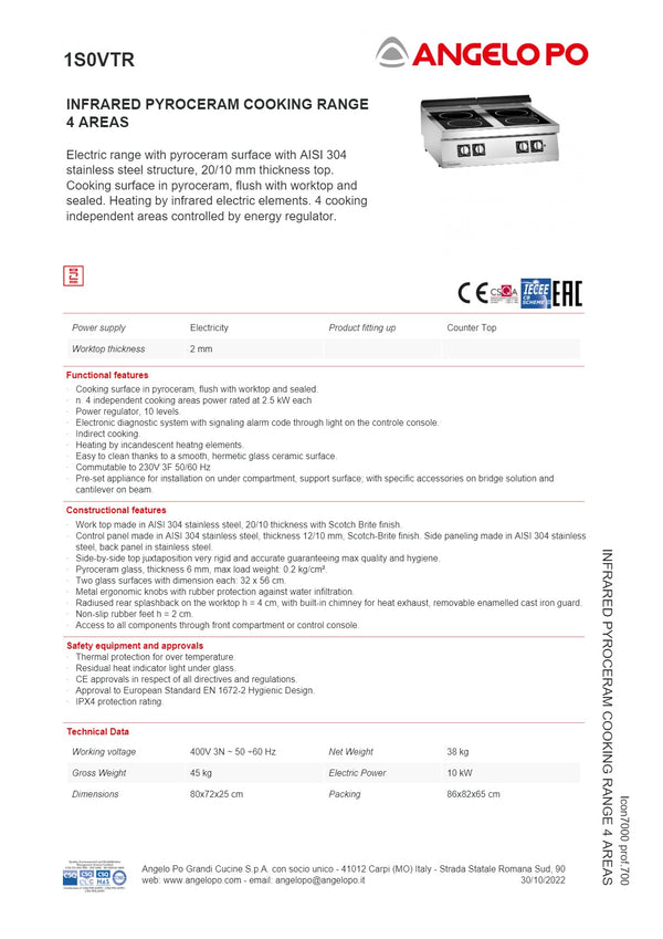 Angelo Po Icon7000 1S0VTR - 4 Burner Ceramic Cook Top