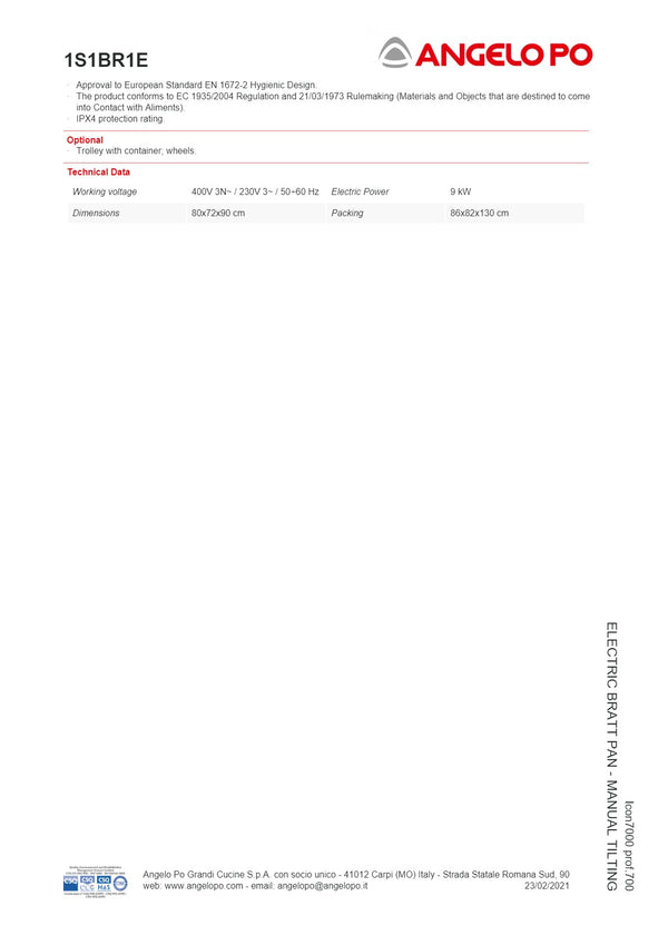 Angelo Po Icon7000 1S1BR1E - Manual Tilting Bratt Pan