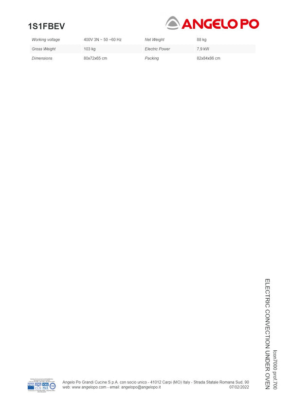 Angelo Po Icon7000 1S1FBEV - Under Bench Convection Oven