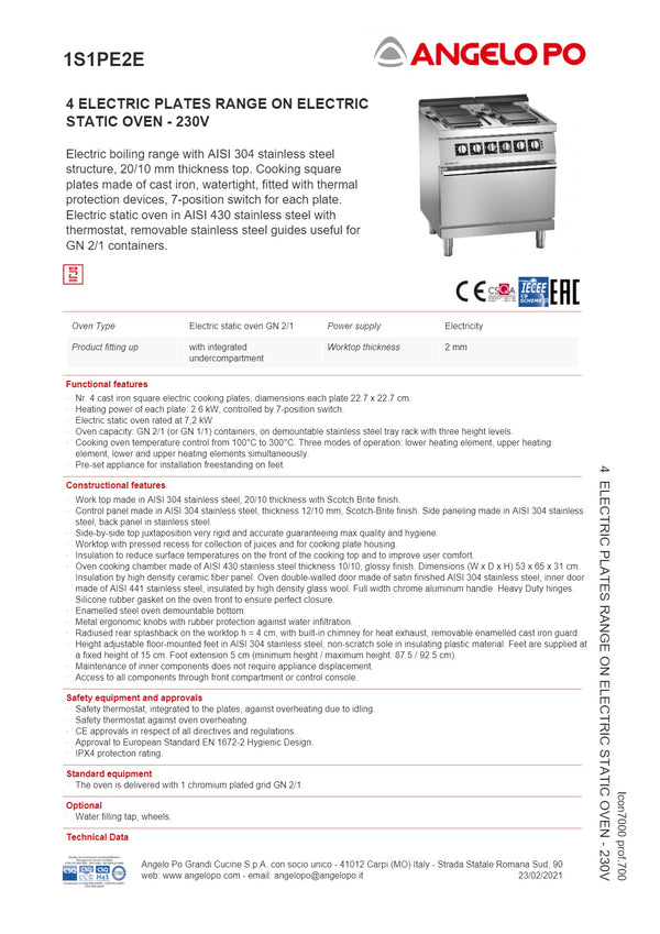 Angelo Po Icon7000 1S1PE2E - 4 Burner Range Oven