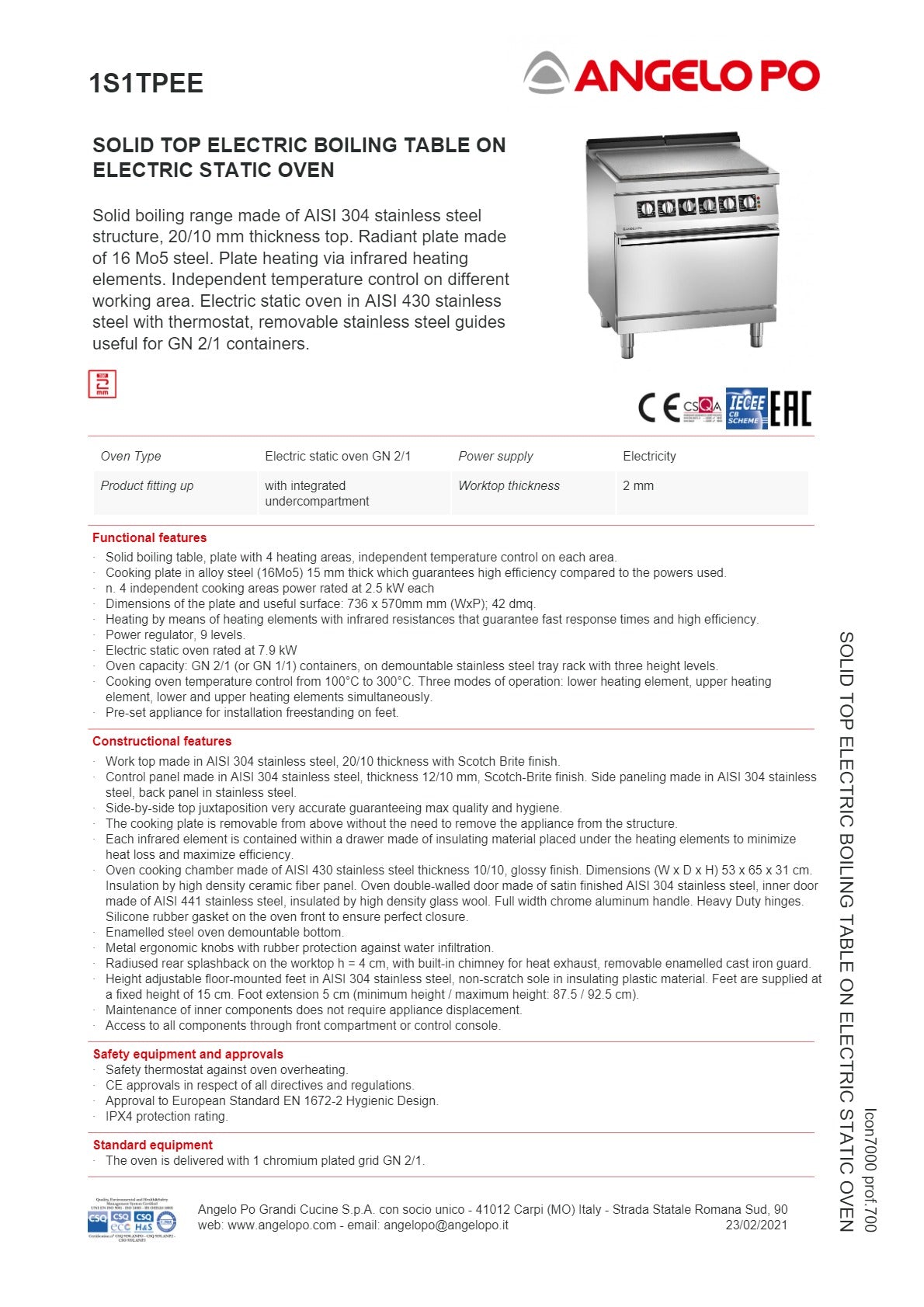 Angelo Po Icon7000 1S1TPEE - Solid Top Range Oven