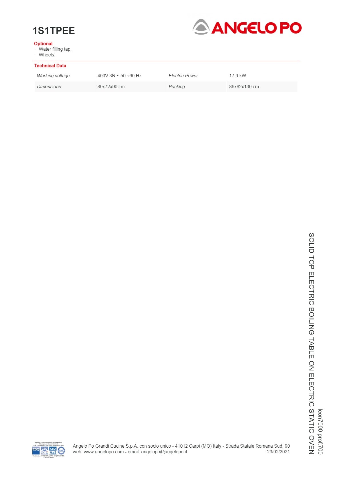 Angelo Po Icon7000 1S1TPEE - Solid Top Range Oven