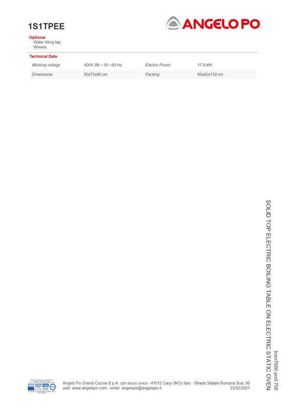 Angelo Po Icon7000 1S1TPEE - Solid Top Range Oven