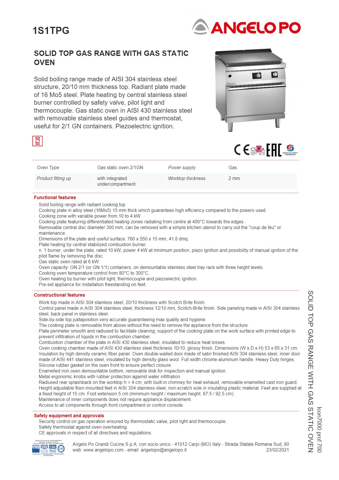 Angelo Po Icon7000 1S1TPG - Solid Top Range Oven