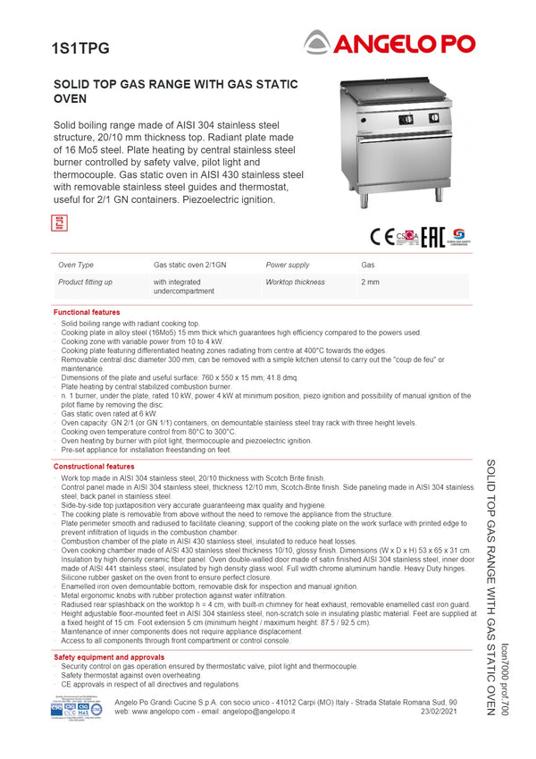 Angelo Po Icon7000 1S1TPG - Solid Top Range Oven