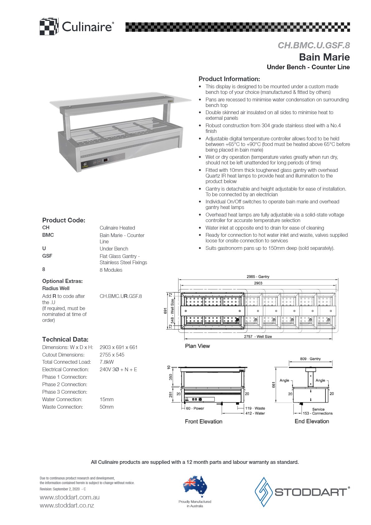 Thumbnail - Culinaire CH.BMC.U.GSF.8 - Under Counter Bain Marie With Flat Glass Gantry