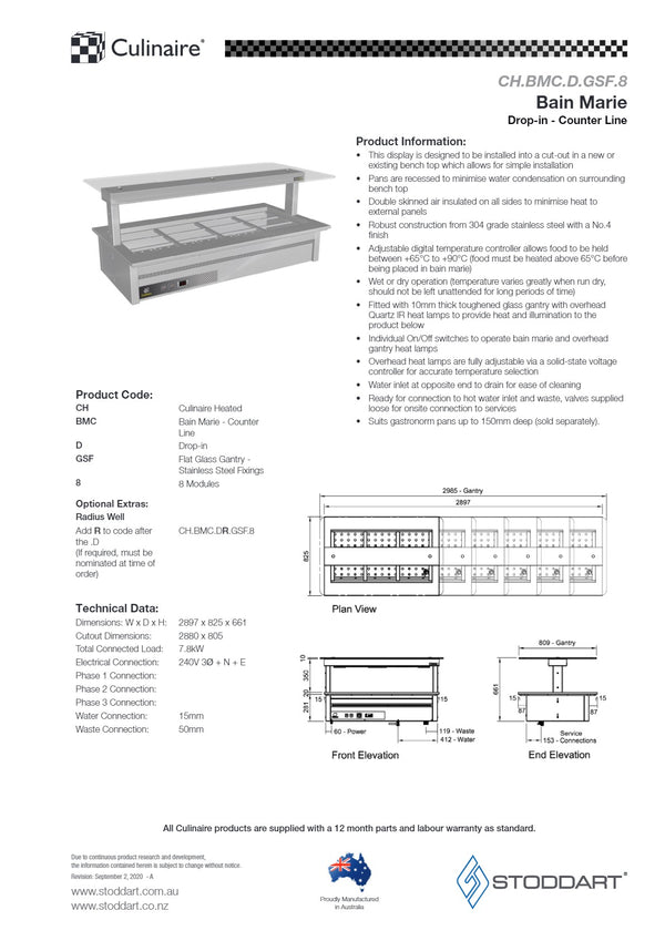 Culinaire CH.BMC.D.GSF.8 - Drop In Bain Marie with Flat Glass Gantry