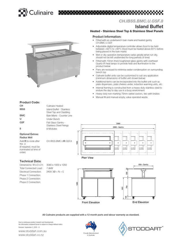Culinaire CH.IBSS.BMC.U.GSF.8 - Heated Mobile Island Buffet With Flat Glass Gantry