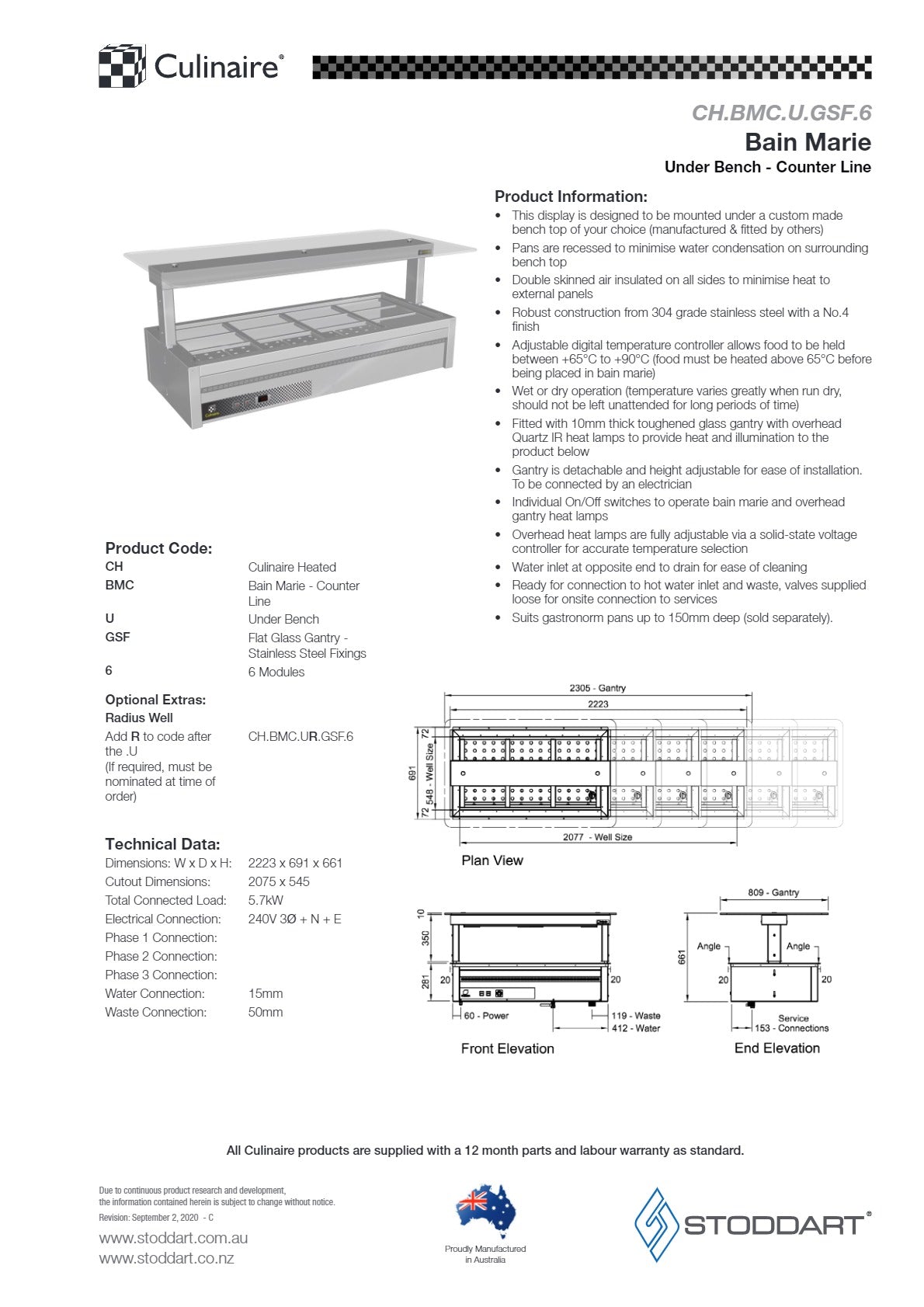 Culinaire CH.BMC.U.GSF.6 - Under Counter Bain Marie With Flat Glass Gantry