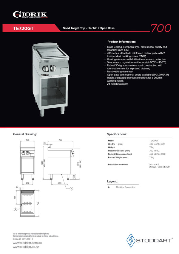 Giorik 700 Series TE720GT - Cook Top with Open Base