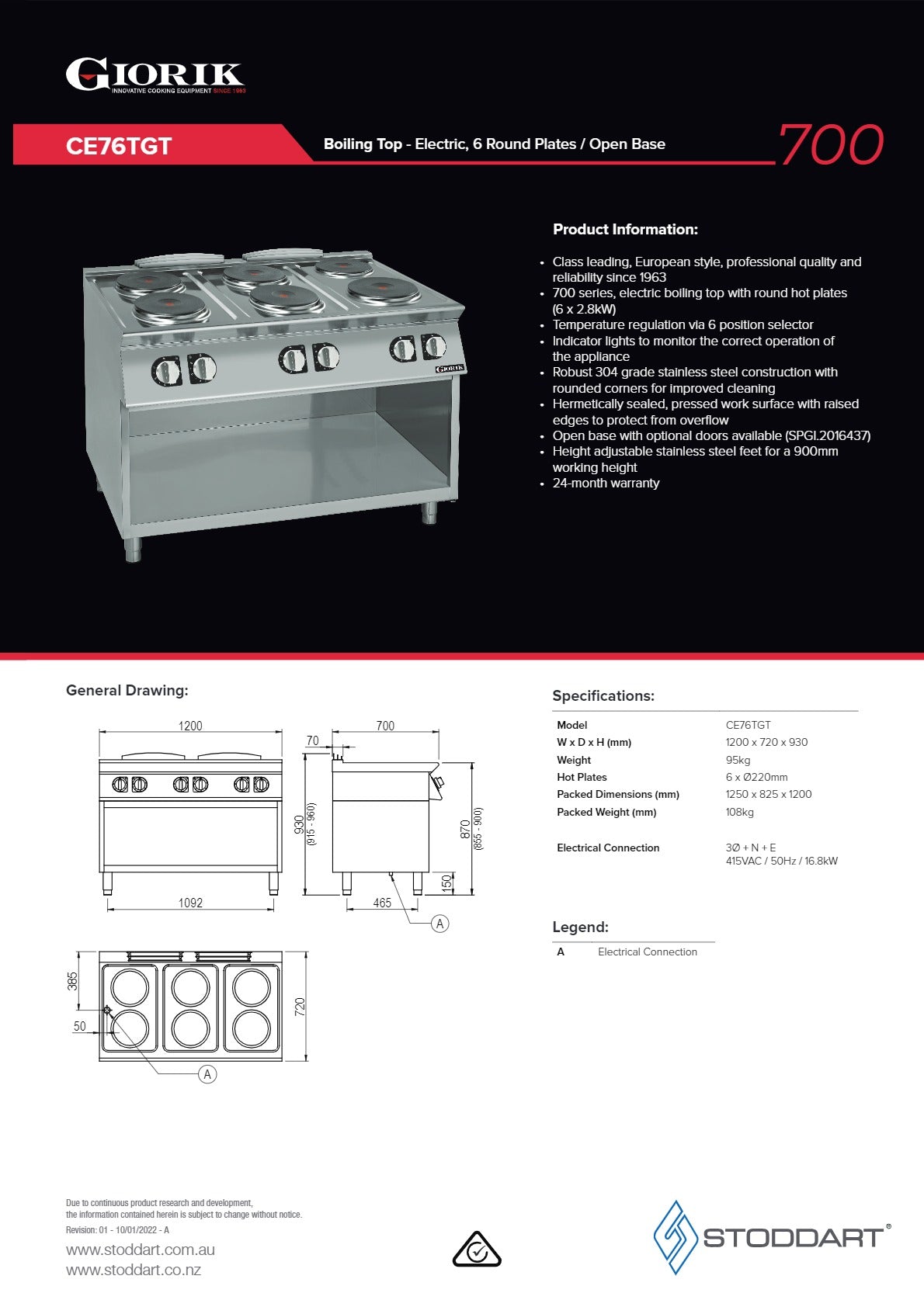 Giorik 700 Series CE76TGT - Cook Top with Open Base