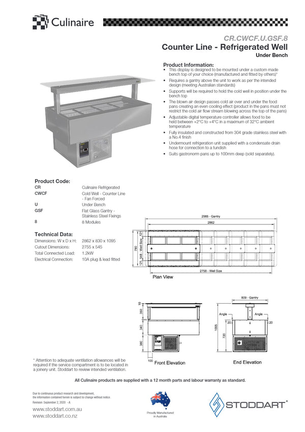 Culinaire CR.CWCF.U.GSF.8 - Under Counter Cold Well With Flat Glass Gantry