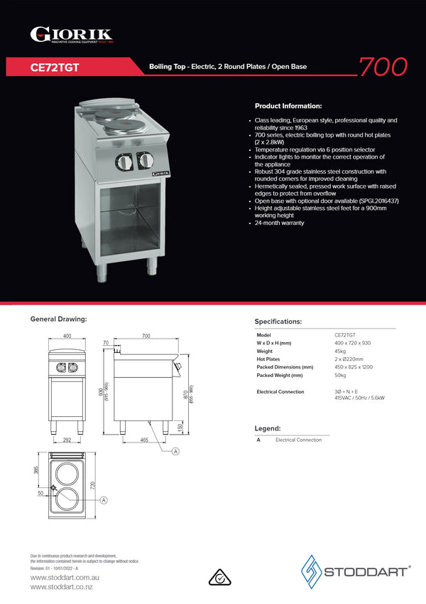 Giorik 700 Series CE72TGT - Cook Top with Open Base
