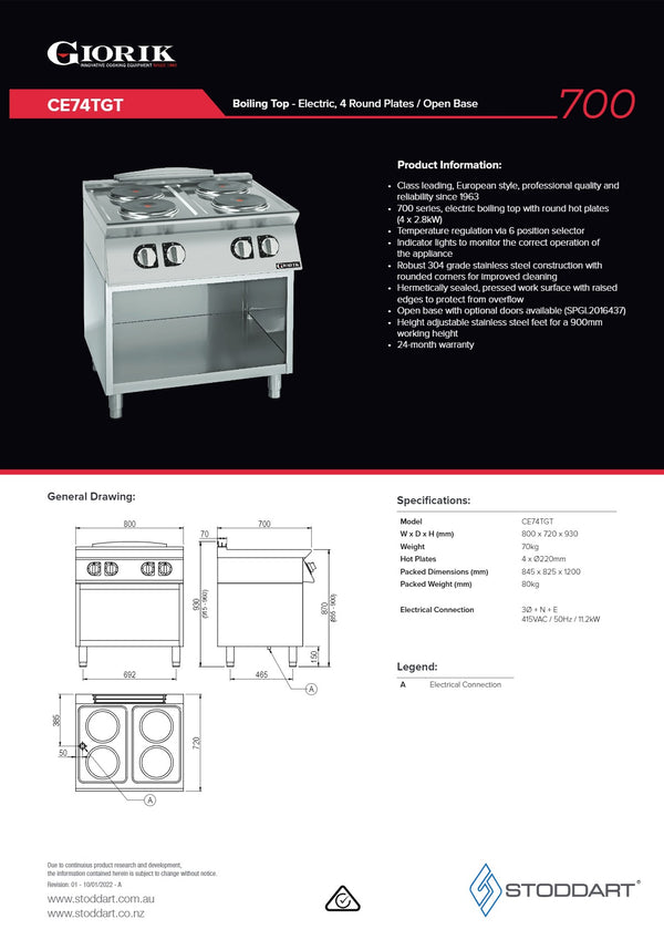 Giorik 700 Series CE74TGT - Cook Top with Open Base