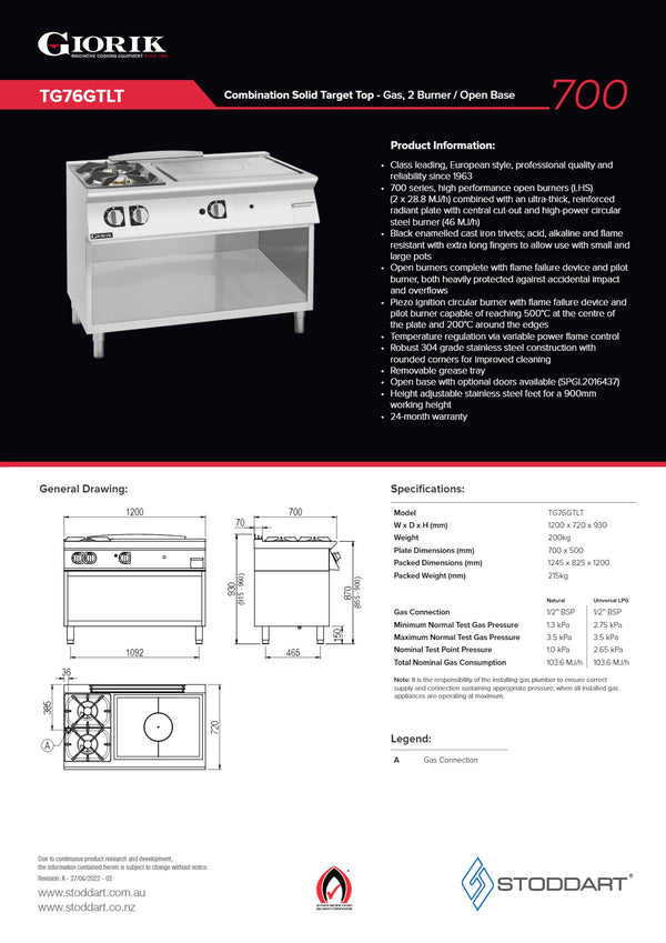 Giorik 700 Series TG76GTLT - Cook Top with Open Base