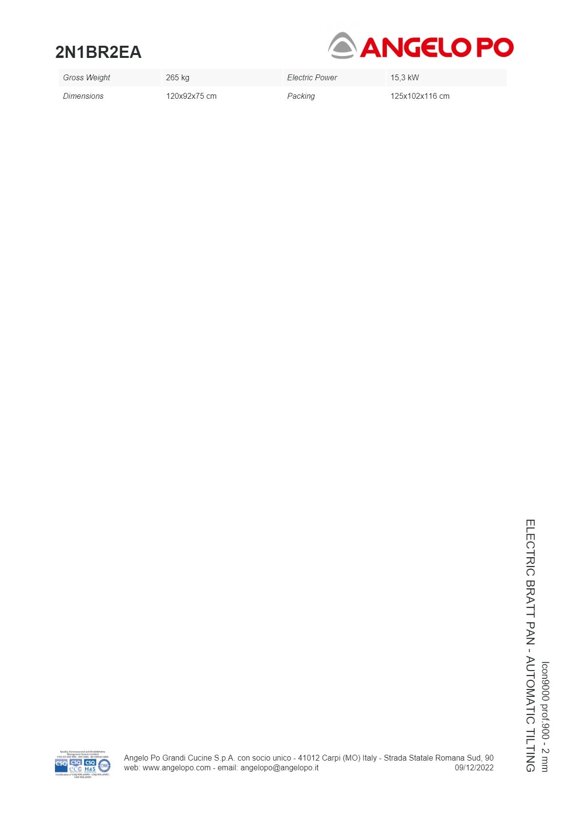 Angelo Po Icon9000 2N1BR2EA - Automatic Tilting Bratt Pan